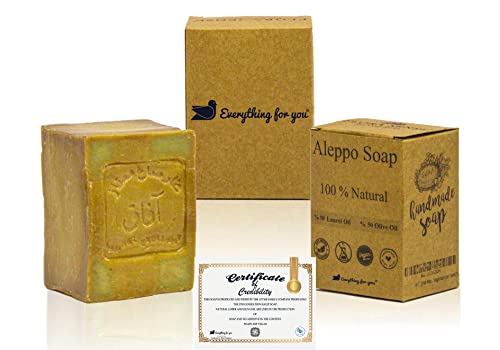 Everything For You Sapone originale Aleppo da 200 g, 50% olio di alloro e 50% olio di oliva sapone naturale, Detox Caratteristiche: sapone da doccia, sapone da barba, ricetta tradizionale dall'Oriente