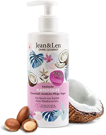 Jean & Len Sapone esotico per le mani al cocco e macadamia, pulisce delicatamente le mani, sapone liquido nel distributore di pompa, garantisce una sensazione morbida sulla pelle, profumo esotico,