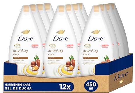 Dove Gel doccia con olio di argan per pelle secca senza solfato SLES e con idratanti vegetali e ingredienti di origine naturale, confezione da 12 x 450 ml