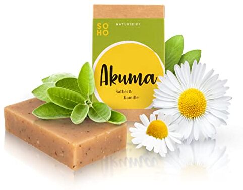 SOHO Naturkosmetik Sapone doccia "Akuma" • Gel doccia solido con camomilla e salvia • Sapone vegano per corpo e mani (95 g)