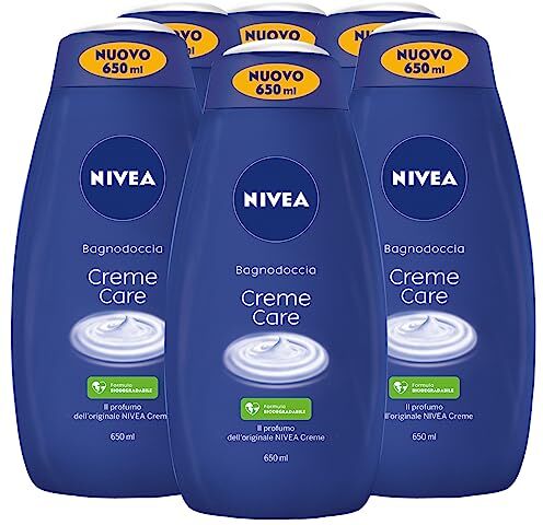 NIVEA Bagnodoccia Detergente Corpo Creme Care Formula Biodegradabile con Profumo dell'Originale  Creme Docciaschiuma ad Azione Idratante Nutriente per Tutti i Tipi di Pelle 6 Flaconi da 650ml