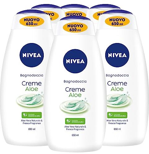 NIVEA Bagnodoccia Detergente Corpo Creme Aloe Fragranza Fresca Formula Biodegradabile con Aloe Vera Naturale Docciaschiuma Azione Idratante Rinfrescante per Tutti i Tipi di Pelle 6 Flaconi da 650ml