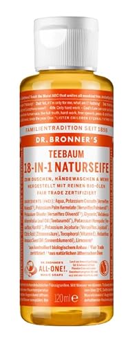 Dr. Bronner's Dr. Bronners 18-IN-1 Sapone liquido organico, albero del tè con olio essenziale di albero del tè biologico, gel doccia, sapone per le mani, shampoo e molto altro ancora, con olio di cocco biologico,