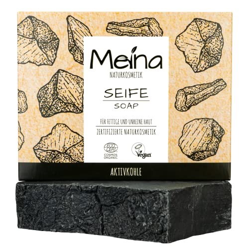 Meina Cosmetici naturali – Sapone nero con carbone attivo contro brufoli, sapone naturale per pelle grassa e impura senza olio di palma, certificato, vegano, fatto a mano, come un gel doccia solido,