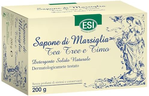 ESI Sapone di Marsiglia Solido, con tea tree e timo, Idrata, Nutre e Lenisce la Pelle, Azione Protettiva della Cute, Dermatologicamente Testato, Senza Profumi e Coloranti, 200 g