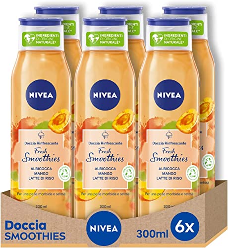 NIVEA Doccia Rinfrescante Fresh Smoothies Albicocca & Mango in confezione da 6 x 300 ml, Bagnoschiuma con ingredienti naturali, Bagno doccia delicato e nutriente