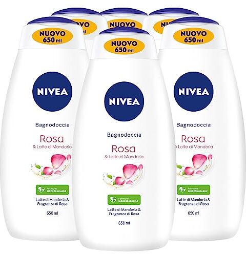 NIVEA Bagnodoccia Detergente Corpo Fragranza di Rosa Formula Biodegradabile con Latte di Mandorla Docciaschiuma ad Azione Idratante per Tutti i Tipi di Pelle 6 Flaconi da 650ml