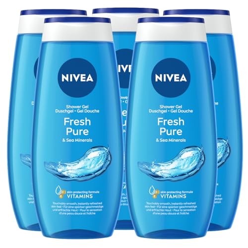 NIVEA Doccia Gel Fresh Pure Detergente Corpo Rinfrescante Fragranza Rigenerante Formula Delicata ad Azione Idratante con Minerali Marini 5 Flaconi da 250ml