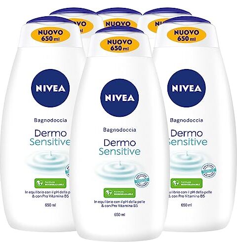 NIVEA Bagnodoccia Dermo Sensitive Detergente Corpo Formula Biodegradabile Pro Vitamina B5 in Equilibrio con il pH della Pelle Docciaschiuma ad Azione Idratante per Pelli Sensibili 6 Flaconi da 650ml