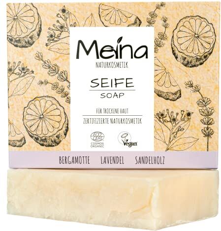 Meina Cosmetici naturali – Sapone biologico di sandalo, sapone naturale per pelle secca con lavanda senza olio di palma, certificato, vegano, sostenibile, fatto a mano, come un gel doccia solido – 100