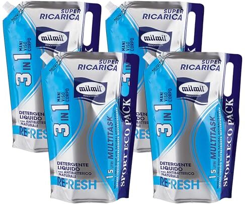 Generic 4x Detergente Liquido Refresh Multitask 3 in 1 Mani Viso Corpo, Rinfrescante e Rivitalizzante, con Antibatterico Naturale, Sport Eco Pack, Busta Maxi Ricarica 1500 ml