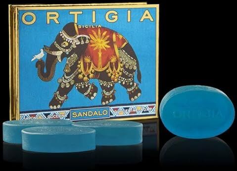 Generic Ortigia Sicilia Set di 4 saponette profumate al legno di sandalo, 100 g, colore: blu traslucido e glicerina, 4 saponette da 100 g, confezione regalo di lusso di grandi saponi