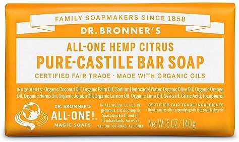 Dr. Bronner's Dr. Bronner’s Saponette Bio in Puro Sapone di Castiglia, Agrumi 140 gr, Realizzato con Oli Biologici, per Viso, Mani, Corpo e Capelli, Delicato e Idratante, Biodegradabile, Vegano, Cruelty-Free