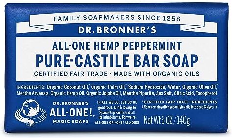 Dr. Bronner's Dr. Bronner’s Saponette Bio in Puro Sapone di Castiglia, Menta Piperita 140 gr, con Oli Biologici, per Viso, Mani, Corpo e Capelli, Delicato e Idratante, Biodegradabile, Vegano, Cruelty-Free