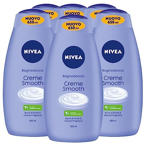 NIVEA Bagnodoccia Detergente Corpo Creme Smooth Fragranza Delicata Formula Biodegradabile con Burro di Karité Docciaschiuma ad Azione Idratante Nutriente per Tutti i Tipi di Pelle 6 Flaconi da 650ml