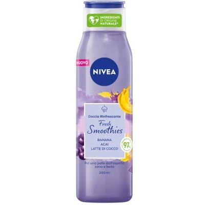 NIVEA Doccia Rinfrescante Fresh Smoothies Acai & Banana 300 ml, Bagnoschiuma con ingredienti al 90% naturali e 100% vegan, Bagno doccia delicato e nutriente NIVEA Doccia Rinfrescante Fresh Smoothies Acai & Banana 300 ml, Bagnoschiuma con ingredienti al 90% naturali e 100% vegan, Bagno doccia delicato e nutriente