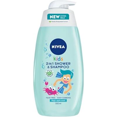 NIVEA Kids 2 in 1 Shower & Shampoo Magic Apple – Gel Doccia e Shampoo Delicato con Aloe Vera Biologica e Camomilla, Profumo di Mela, 500 ml, Confezione da 2 NIVEA Kids 2 in 1 Shower & Shampoo Magic Apple – Gel Doccia e Shampoo Delicato con Aloe Vera Biologica e Camomilla, Profumo di Mela, 500 ml, Confezione da 2