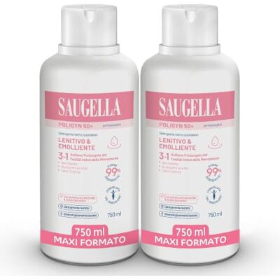Saugella Poligyn 50+, Detergente Intimo Ph Fisiologico Menopausa, 2x750ml Azione 3 in 1 Emolliente e Lenitiva. Con Estratto Di Camomilla e Acido Ialuronico, Clinicamente e Ginecologicamente Testato Saugella Poligyn 50+, Detergente Intimo Ph Fisiologico Menopausa, 2x750ml Azione 3 in 1 Emolliente e Lenitiva. Con Estratto Di Camomilla e Acido Ialuronico, Clinicamente e Ginecologicamente Testato