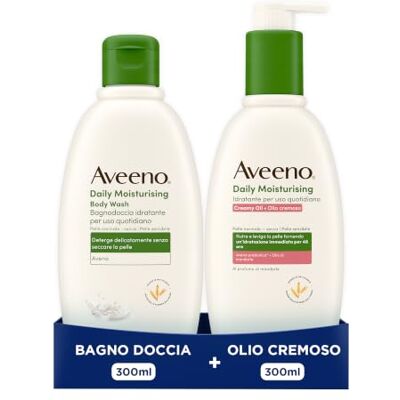 Aveeno Daily Moisturising Set Creamy Oil e Bagno Doccia, Set corpo per pelle secca con bagnoschiuma delicato senza sapone 300 ml e olio crema corpo al profumo di Mandorla 300 ml – Esclusiva Amazon Aveeno Daily Moisturising Set Creamy Oil e Bagno Doccia, Set corpo per pelle secca con bagnoschiuma delicato senza sapone 300 ml e olio crema corpo al profumo di Mandorla 300 ml – Esclusiva Amazon