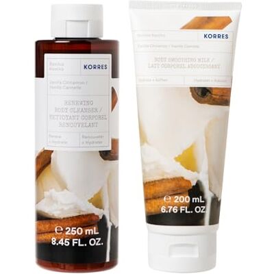 KORRES Vanilla Cinamon, set regalo per la cura del corpo, per uomo e donna, profumo di vaniglia cremosa e cannella calda e speziata, gel doccia 250 ml e latte per il corpo 200 ml, vegano KORRES Vanilla Cinamon, set regalo per la cura del corpo, per uomo e donna, profumo di vaniglia cremosa e cannella calda e speziata, gel doccia 250 ml e latte per il corpo 200 ml, vegano