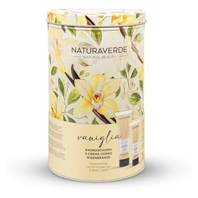 Naturaverde Gift Set Sensoriale Vaniglia Bagnoschiuma 200ml + Crema Corpo 100ml + Scatola Cilindro di Latta Set Lussuoso per un'Esperienza di Cura della Pelle Naturaverde Gift Set Sensoriale Vaniglia Bagnoschiuma 200ml + Crema Corpo 100ml + Scatola Cilindro di Latta Set Lussuoso per un'Esperienza di Cura della Pelle