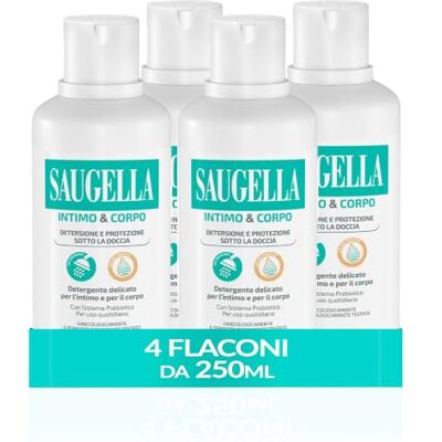 Saugella Intimo&Corpo, Detergente Intimo, con Sistema Prebiotico, 4x250ml Detergente delicato, Estratto di Salvia e Acido Lattico, Uso Quotidiano, pH Fisiologico, 4 Flaconi da 250 ml Saugella Intimo&Corpo, Detergente Intimo, con Sistema Prebiotico, 4x250ml Detergente delicato, Estratto di Salvia e Acido Lattico, Uso Quotidiano, pH Fisiologico, 4 Flaconi da 250 ml