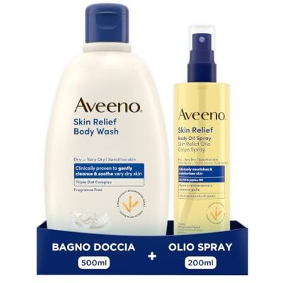 Aveeno Skin Relief Set Corpo donna, Per la cura della pelle sensibile Con bagnoschiuma senza sapone 500 ml, Con olio corpo pelle secca con Oli di Avena e Jojoba 200 ml – Kit Esclusiva Amazon Aveeno Skin Relief Set Corpo donna, Per la cura della pelle sensibile Con bagnoschiuma senza sapone 500 ml, Con olio corpo pelle secca con Oli di Avena e Jojoba 200 ml – Kit Esclusiva Amazon