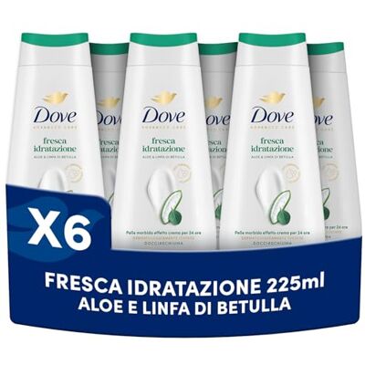 Dove Bagnoschiuma Fresca Idratazione, Bagnodoccia Idratante, Formula Delicata sul Microbioma della Pelle, con Agenti Idratanti Vegetali, Senza Solfati SLES, Bagnodoccia Uomo e Donna, 6 Pezzi da 225 ml Dove Bagnoschiuma Fresca Idratazione, Bagnodoccia Idratante, Formula Delicata sul Microbioma della Pelle, con Agenti Idratanti Vegetali, Senza Solfati SLES, Bagnodoccia Uomo e Donna, 6 Pezzi da 225 ml