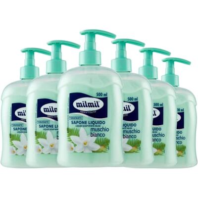 Milmil Sapone Liquido, Fragranza Muschio Bianco, con Dispenser, Sapone Mani, Viso e Corpo, Dermatologicamente Testato 6 x 500 ML Milmil Sapone Liquido, Fragranza Muschio Bianco, con Dispenser, Sapone Mani, Viso e Corpo, Dermatologicamente Testato 6 x 500 ML