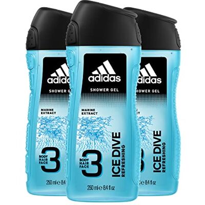 Adidas , Ice Dive Gel Doccia Bagnoschiuma 3 in 1 per Corpo, Capelli e Viso, 3 flaconi da 250 ml Adidas , Ice Dive Gel Doccia Bagnoschiuma 3 in 1 per Corpo, Capelli e Viso, 3 flaconi da 250 ml