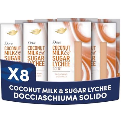 Dove Docciaschiuma Solido Coconut Milk & Sugar Lychee, con Latte Vegetale di Cocco, Note di Cocco e Dolce Litchi, 100% Detergenti Delicati, Senza Solfati, Formula Delicata, 8 Pezzi Dove Docciaschiuma Solido Coconut Milk & Sugar Lychee, con Latte Vegetale di Cocco, Note di Cocco e Dolce Litchi, 100% Detergenti Delicati, Senza Solfati, Formula Delicata, 8 Pezzi
