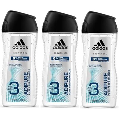 Adidas ADIPURE Gel doccia 3 in 1 da uomo per capelli, corpo e viso, confezione da 3, 250 ml ciascuno, saponetta e coloranti Adidas ADIPURE Gel doccia 3 in 1 da uomo per capelli, corpo e viso, confezione da 3, 250 ml ciascuno, saponetta e coloranti