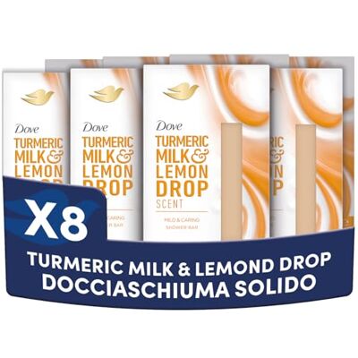 Dove Docciaschiuma Solido Turmeric Milk & Lemond Drop, con Latte Vegetale di Curcuma, Note di Limone Dolce e Fiori d'Arancio, 100% Detergenti Delicati, Senza Solfati, Formula Delicata, 8 Pezzi Dove Docciaschiuma Solido Turmeric Milk & Lemond Drop, con Latte Vegetale di Curcuma, Note di Limone Dolce e Fiori d'Arancio, 100% Detergenti Delicati, Senza Solfati, Formula Delicata, 8 Pezzi