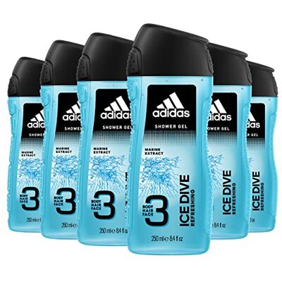 Adidas , Ice Dive Gel Doccia Bagnoschiuma 3 in 1 per Corpo, Capelli e Viso, 6 flaconi da 250 ml Adidas , Ice Dive Gel Doccia Bagnoschiuma 3 in 1 per Corpo, Capelli e Viso, 6 flaconi da 250 ml