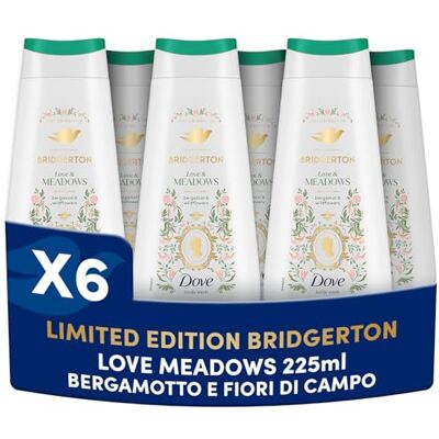 Dove Docciaschiuma Bridgerton Love & Meadows, Limited Edition, con Pro-Ceramide Technology e Agenti a Base Vegetale, Note di Bergamotto e Fiori di Campo, Senza Solfati e Parabeni, 6 Pezzi da 225ml Dove Docciaschiuma Bridgerton Love & Meadows, Limited Edition, con Pro-Ceramide Technology e Agenti a Base Vegetale, Note di Bergamotto e Fiori di Campo, Senza Solfati e Parabeni, 6 Pezzi da 225ml