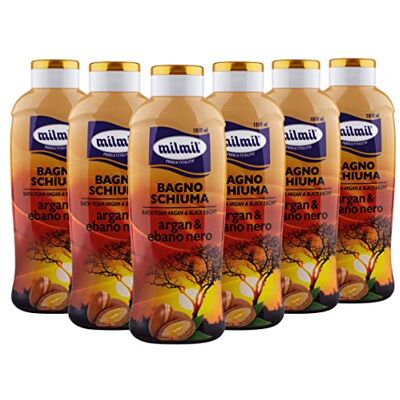 Milmil Bagno Schiuma, Fragranza Argan & Ebano Nero, Dermatologicamente Testato PH Fisiologico 6 x 1000 ML Milmil Bagno Schiuma, Fragranza Argan & Ebano Nero, Dermatologicamente Testato PH Fisiologico 6 x 1000 ML