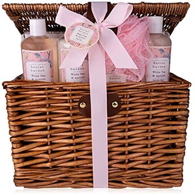accentra Set regalo SECRET GARDEN in un cestino da picnic in vimini, contenente gel doccia, bagnoschiuma, sali da bagno, sapone e spugna a rete, set per la cura del benessere da donna accentra Set regalo SECRET GARDEN in un cestino da picnic in vimini, contenente gel doccia, bagnoschiuma, sali da bagno, sapone e spugna a rete, set per la cura del benessere da donna