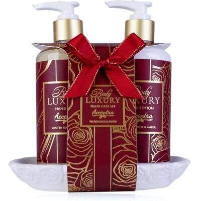 accentra Set per la cura delle mani Body Luxury, su ripiano in ceramica, per donne, con sapone per le mani da 290 ml e lozione manuale da 290 ml in dispenser di pompa, profumo di rosa e ambra accentra Set per la cura delle mani Body Luxury, su ripiano in ceramica, per donne, con sapone per le mani da 290 ml e lozione manuale da 290 ml in dispenser di pompa, profumo di rosa e ambra