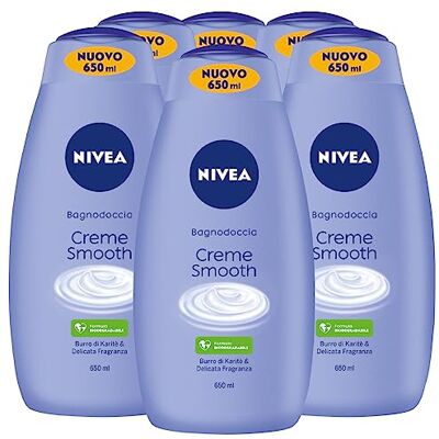 NIVEA Bagnodoccia Detergente Corpo Creme Smooth Fragranza Delicata Formula Biodegradabile con Burro di Karité Docciaschiuma ad Azione Idratante Nutriente per Tutti i Tipi di Pelle 6 Flaconi da 650ml NIVEA Bagnodoccia Detergente Corpo Creme Smooth Fragranza Delicata Formula Biodegradabile con Burro di Karité Docciaschiuma ad Azione Idratante Nutriente per Tutti i Tipi di Pelle 6 Flaconi da 650ml