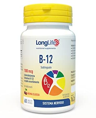 Longlife ® B12 1000 mcg   Vitamina B12   Formula esclusiva sublinguale ad alto dosaggio   Elevato assorbimento   2 mesi di trattamento   60 tavolette   Senza glutine