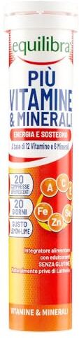 Equilibra Integratori Alimentari, Più Vitamine e Minerali, Integratore Multivitamine con 12 Vitamine e 6 Minerali per Efficienza e Vitalità, Gusto Lemon Lime, 20 Compresse Effervescenti