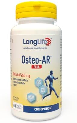 Longlife Osteo-Ar® Plus   con glucosamina solfato, condroitinsolfato e OptiMSM™️   Benessere articolazioni e cartilagini   2 mesi di trattamento   Senza glutine e doping free