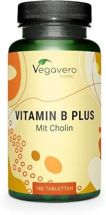 Vegavero VITAMINA B Complex ®   180 compresse   SENZA ADDITIVI ARTIFICIALI   B1, B2, B3, B5, B6, B7, B9, B12   con Colina   Vegan