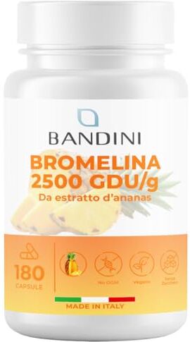 BANDINI ® Bromelina Forte Drenante Naturale 180 Capsule 2500 GDU/g   Enzima Digestivo Cellulite, Microcircolo e Depurazione   Digestione Migliore, Contro Gonfiore   Estratto di Ananas (frutto e gambo)