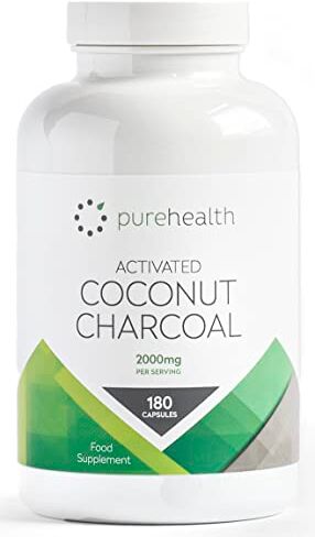 Pure Carbone attivo vegetale di cocco 2000 mg Servire giornaliero   Senza riempitivi/agenti di carica   180 capsule   Cocco non OGM per gonfiore, gas, digestione   Sollievo naturale