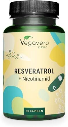 Vegavero RESVERATROLO 500 mg   con NICOTINAMIDE (Vitamina B3)   100% Trans-Resveratrolo Puro e Naturale   Integratore Antiossidante   Senza Additivi e Vegan   60 capsule   ®