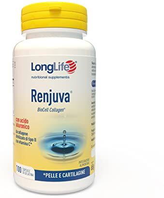 Longlife ® Renjuva 65 Gr   Collagene idrolizzato II   Acido ialuronico   Con vitamina C e condroitina solfato   Benessere articolare e cutaneo   Fino a 50 giorni di trattamento   Senza glutine