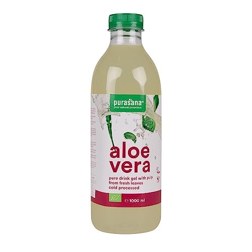 Purasana Aloe Vera da bere, Aloe Puro biologica 99,3%. Gel estratto dall'interno della foglia. Polpa fresca. Non pastorizzato, senza acqua aggiunta. Digestione, sistema immunitario. 1 litro.