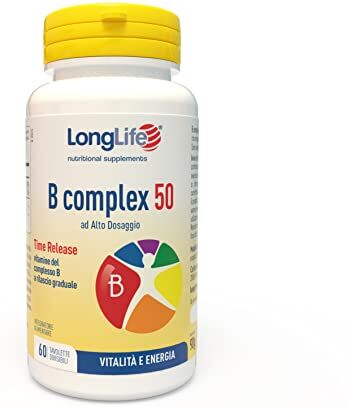 Longlife ® B complex 50   11 vitamine del gruppo B   Formula completa alto dosaggio   Energia e difese immunitarie   Combatte stanchezza e stress   Senza glutine e vegano