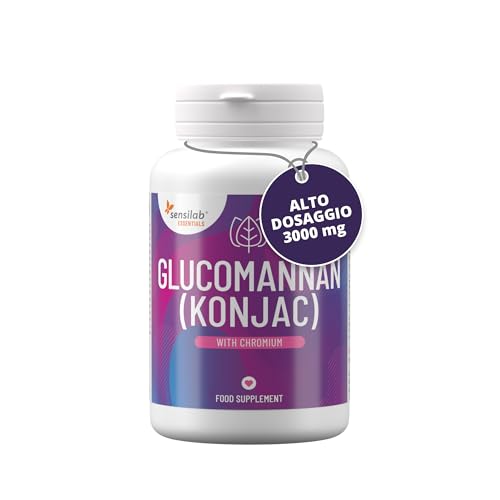 Sensilab Glucomannano (Konjac) 3000 mg capsule ad alto dosaggio con cromo, vegane, senza additivi, senza allergeni, niente OGM, 180 capsule da  Essentials